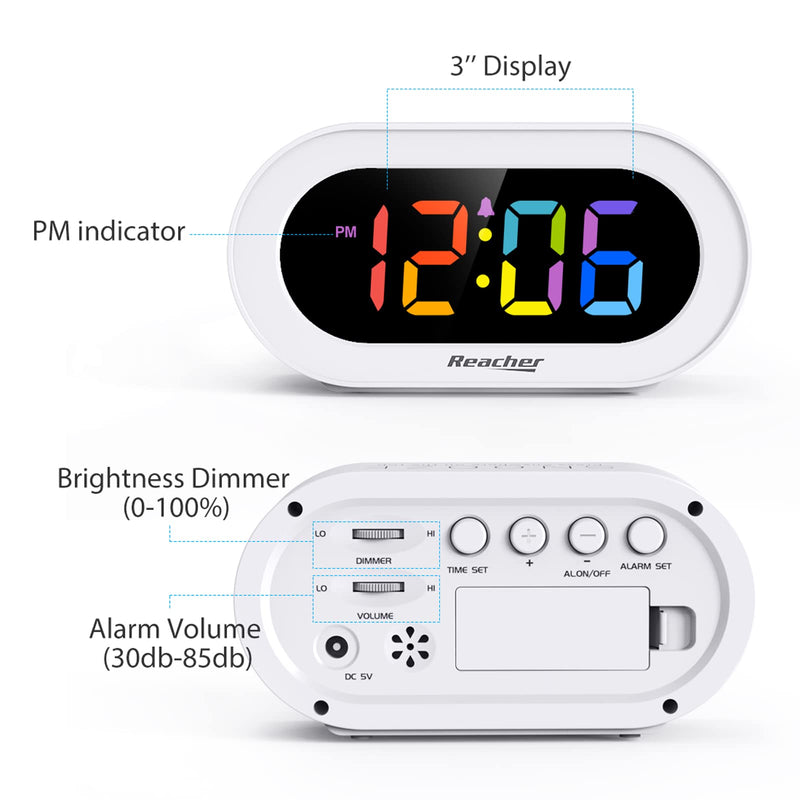 [Australia] - Reacher Small Colorful LED Digital Alarm Clock with Snooze, Simple to Operate, Full Range Brightness Dimmer, Adjustable Alarm Volume, Outlet Powered Compact Clock for Bedrooms, Bedside, Desk, Shelf Colorful Digit 