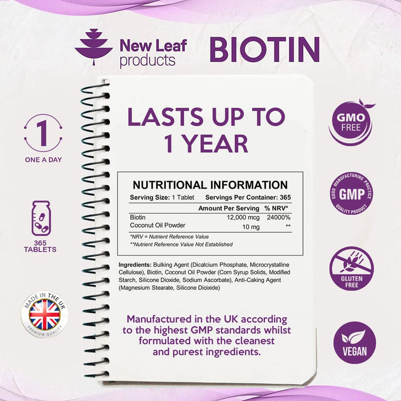 [Australia] - Biotin Hair Growth Supplement Biotin Tablets 12000mcg (1 Year Value Supply) Enriched with Coconut Oil, High Strength Hair, Skin and Nails Beauty Vitamins for Women & Men One A Day Vegan, UK Made 365 Count (Pack of 1) 