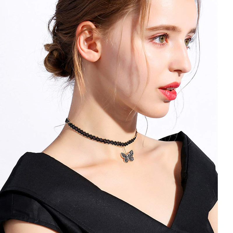 [Australia] - DORAFO Lace Choker with Butterfly - Strap Leather Choker Necklaces with Tiny Butterfly/Heart/Moon/Star/Sun Pendant Dainty Black Necklace for Girls 