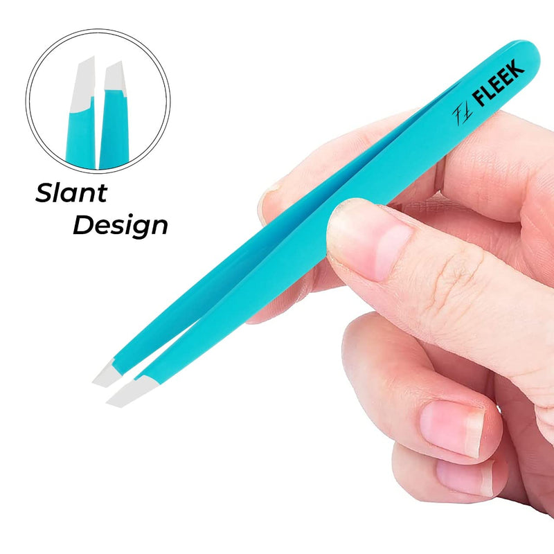 [Australia] - Fleek Eyebrow Tweezers Professional Best Stainless Steel Precision Tweezers Slanted Tweezers for Facial Hair Women & Men (Greenish Blue) Greenish Blue 