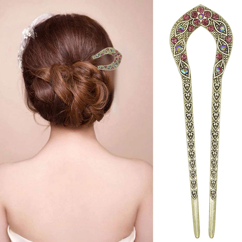 [Australia] - 2 Pcs Vintage Hair Stick, Crystal Rhinestone Double Prong Hair Pin Stick Hairstyle Chignon Hairpin 