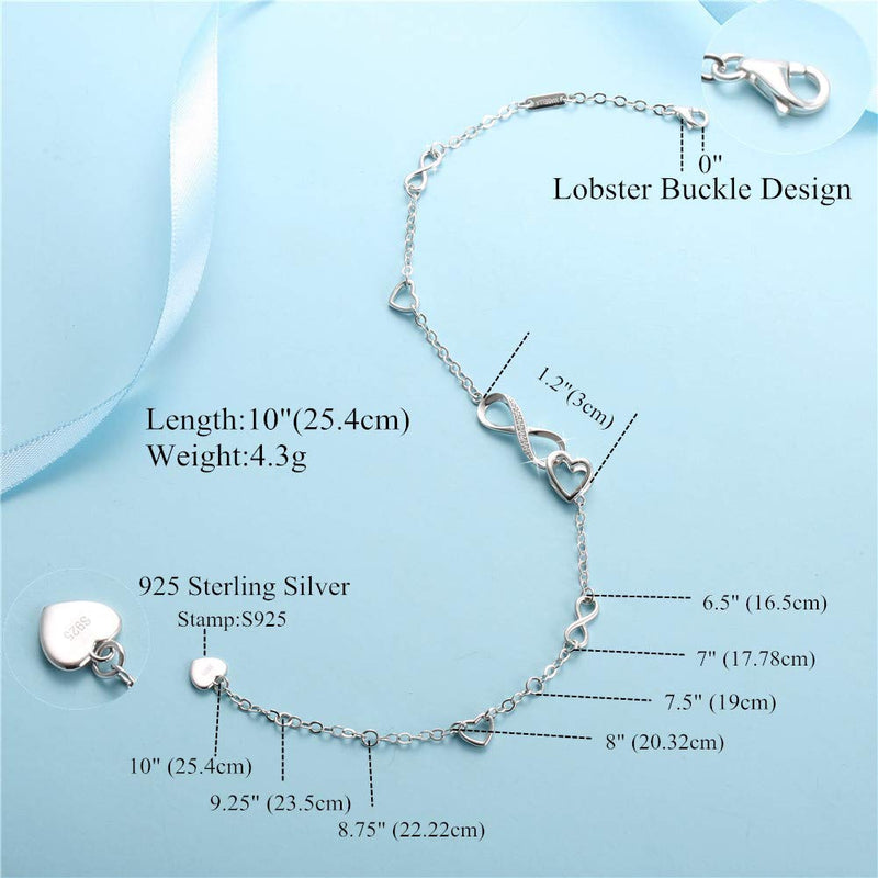 [Australia] - MABELLA Anklets Bracelet 925 Sterling Silver Adjustable Infinity Endless Love Heart Charm Jewelry Gifts for Women 