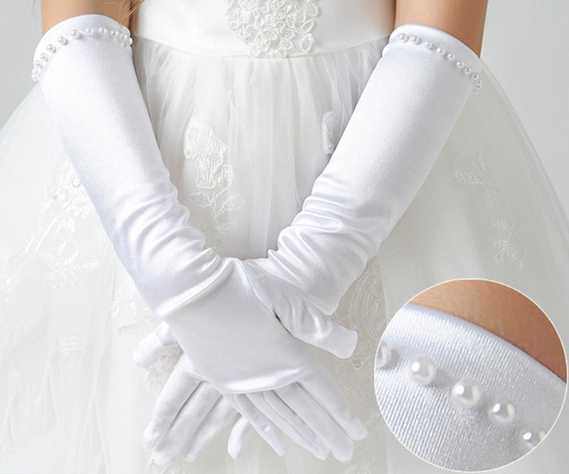 [Australia] - Girls Classic White Wedding Dress beading Gloves M (4-7years) 