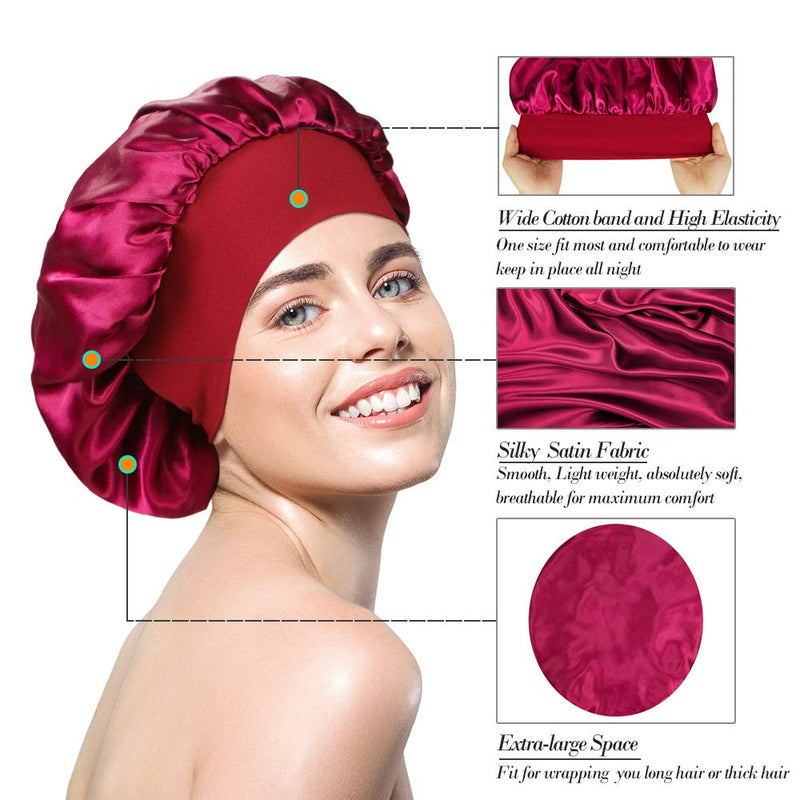 [Australia] - 2 Pieces Wide Band Satin Cap Sleep Bonnet Soft Night Sleep Hat for Women Black+Wine red 