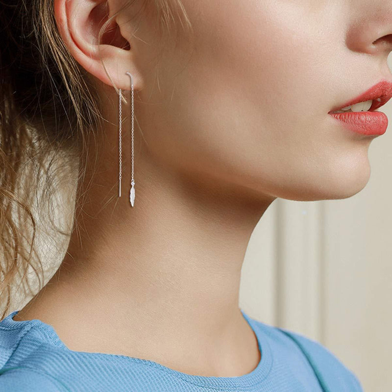 [Australia] - Sterling Silver Feather Leaf Threader Earrings, Feather Necklace for Women Girls Feather Threader Earrings 