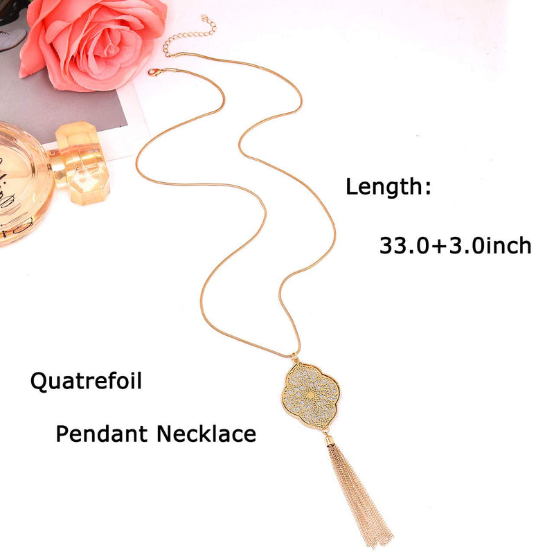 [Australia] - ALEXY 2Pcs Long Chain Pendant Necklace Set, Filigree Quatrefoil and Celtic Knot Pendant Tassel Y Necklaces for Women G 1PC Gold 