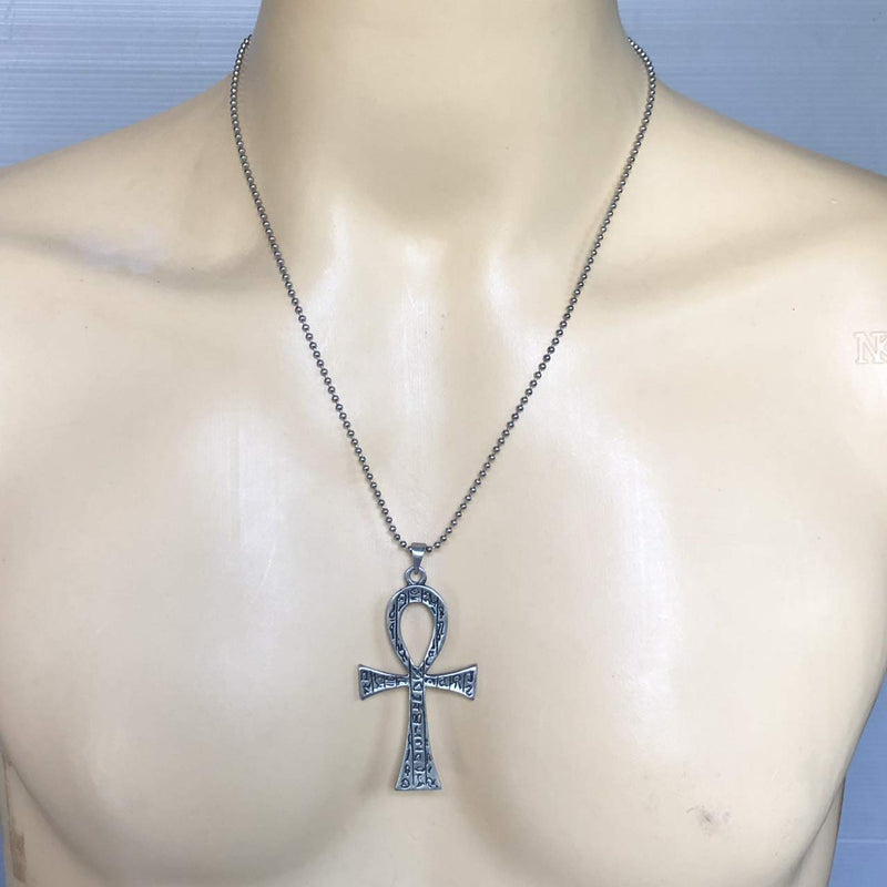 [Australia] - Jewelry Big Ankh cross of life Key of the Nile Antique silver Pewter Pendant Necklace w Silver Ball Chain 