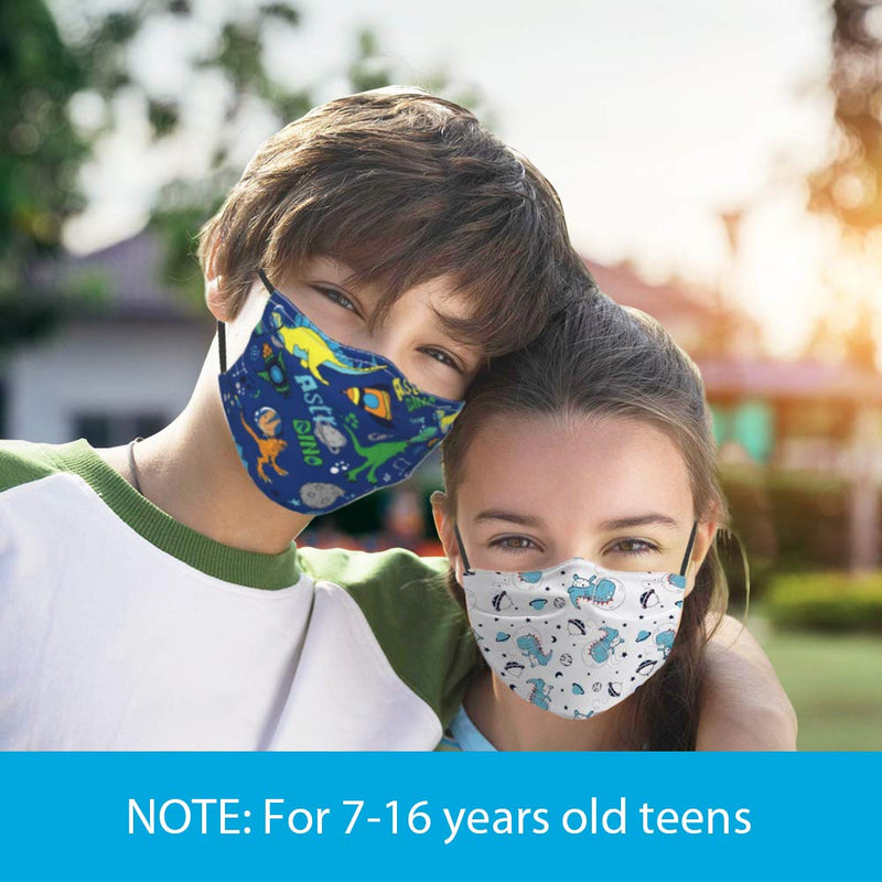 [Australia] - 2 Pcs Kids Face Bandana Cute Pattern Reusable Kids Cloth Face Bandanas Covering with 6 Filters for Teens Boys Girls Age 7-16 Dinosaur 