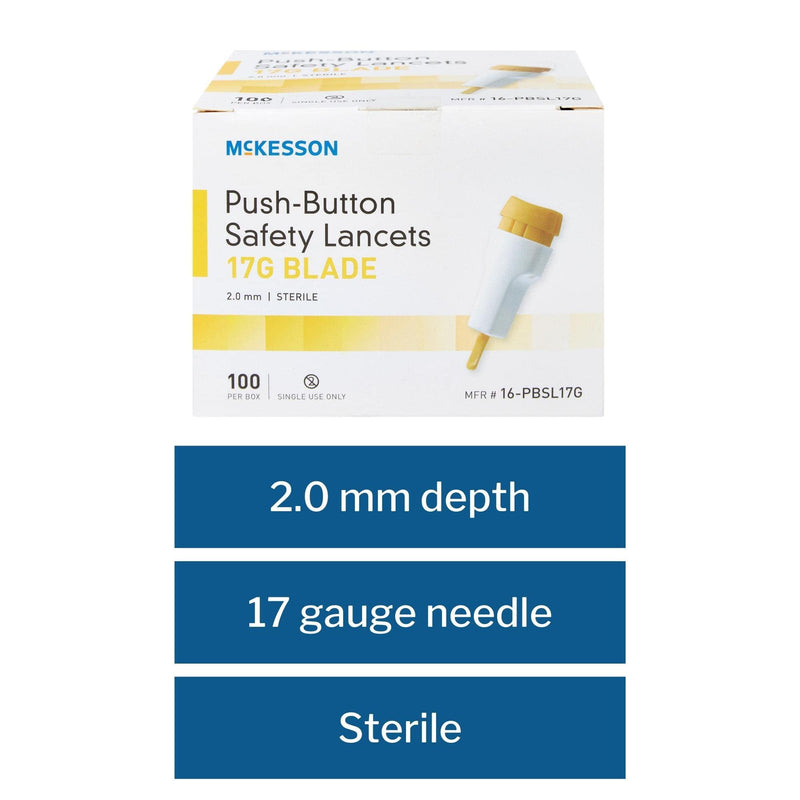 [Australia] - McKesson Safety Lancets, Sterile, Push-Button, 17 Gauge Blade, 2 mm, 100 Count, 1 Pack 100 Count (Pack of 1) 