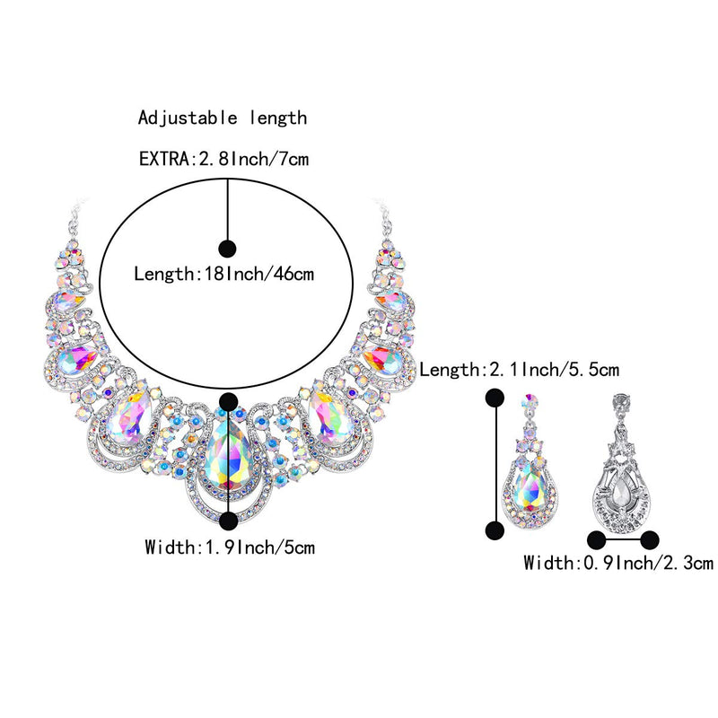 [Australia] - BriLove Women's Costume Fashion Crystal Teardrop Hollow Scroll Statement Necklace Dangle Earrings Set Iridescent AB Silver-Tone 