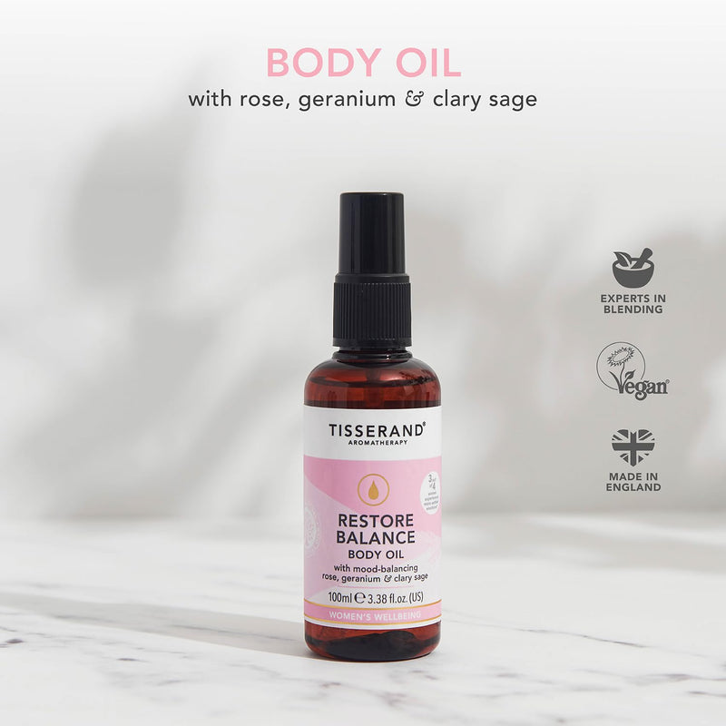 [Australia] - Tisserand Aromatherapy - Restore Balance Body Oil - Perimenopause, Menopause & Menstruation Support for Women - Rose, Clary Sage & Geranium - 100% Natural Essential Oils - 100ml 