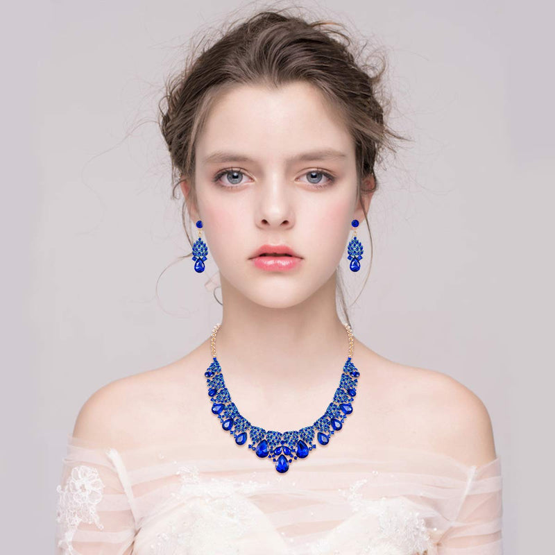 [Australia] - BriLove Indian Costume Jewelry Sets for Brides Rhinestone Teardrop Hollow Scroll Statement Necklace Dangle Earrings 07-Navy Blue Gold-Tone 