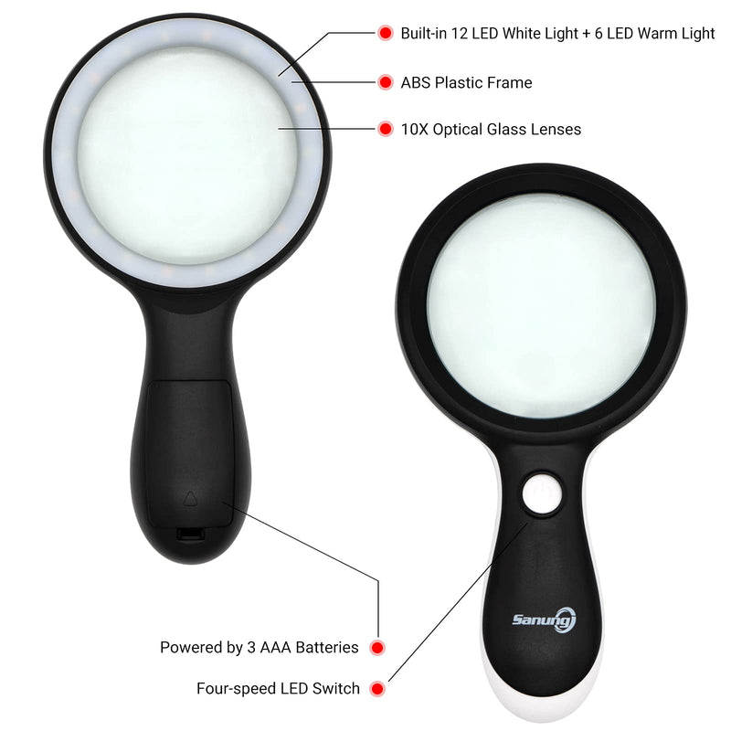 [Australia] - Sanung 10X Optical Magnifier with Light, V-3318 Handheld LED Light Magnifying Glass with Storage Pouch Illuminated Optical Glass Magnifier Jewelry Loupe for Reading Observing Repairing 