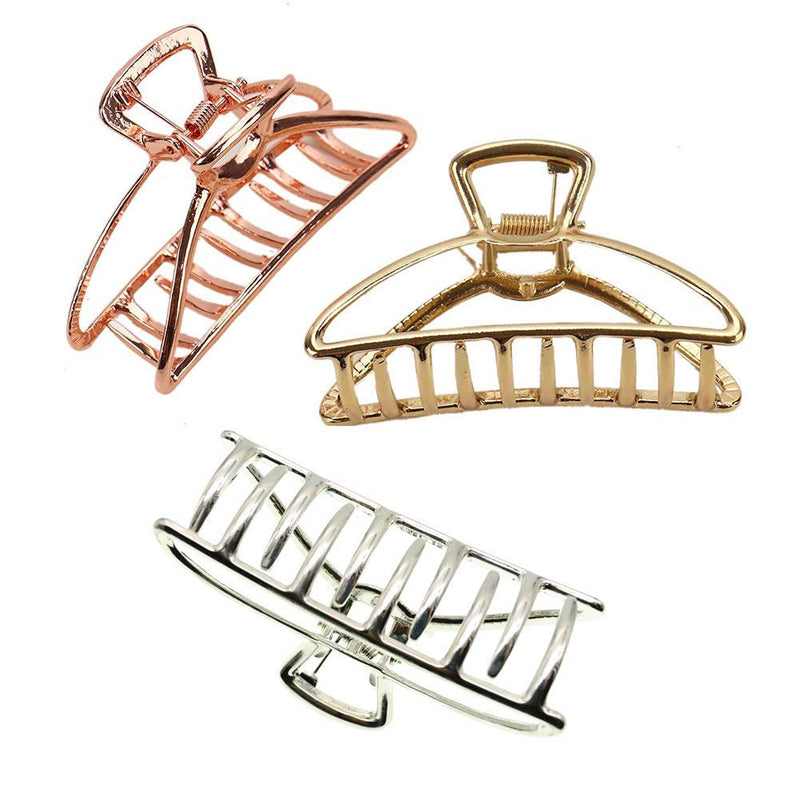 [Australia] - VinBee 3 Pack Large Metal Claw Clips Hollow Non-slip Hair Catch Barrette Jaw Clamp Hairpins for Fixing Hair (Silver + Gold + Rose Gold) Pattern 1 