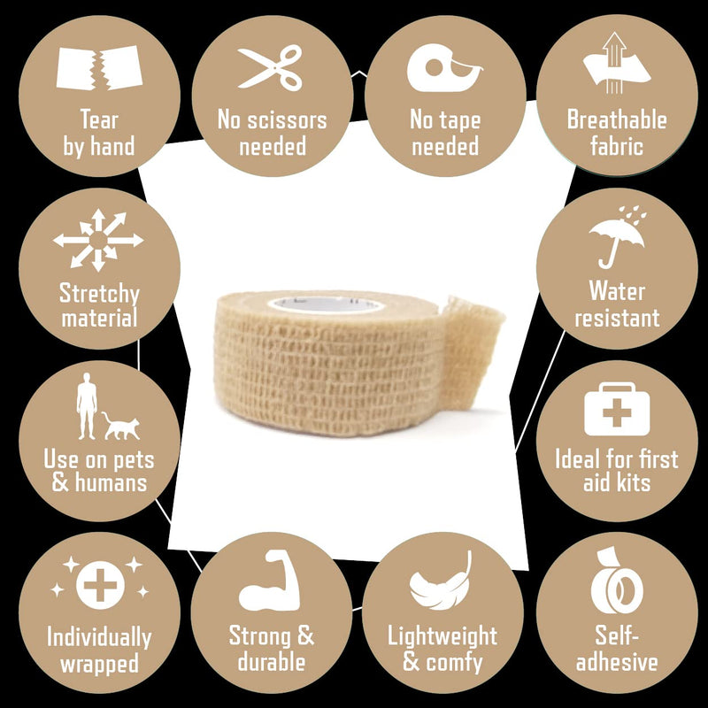 [Australia] - Inksafe Tan Self Adherent Cohesive Bandages 2.5cm x 4.5m Box of 12 - Uses Include Vet Wrap, Tape for Wrist and Ankle Sprains, Finger and Thumb Tape, 