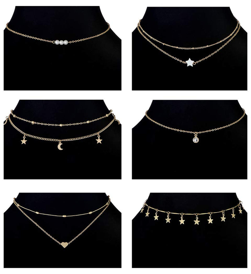[Australia] - Ofeiyaa 12/16pcs Chain Gold Bead Necklace Coin Moon Star Pearl Pendant Chain Choker Multilayer Necklace Leather Cord Set for Women Men Adjustable Gold Tone A:12pcs(Gold K) 