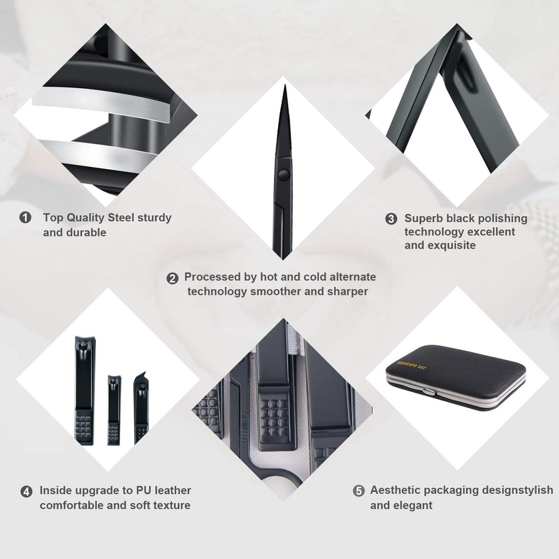 [Australia] - Manicure Set, Travel Nail Clippers Kit Pedicure Care Tools, 10pcs Stainless Steel Grooming kit (Black) Black 