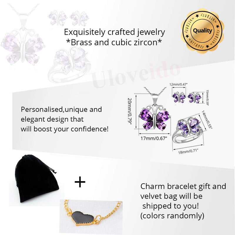 [Australia] - Uloveido Platinum Rose Gold Plated Purple White Crystal Cubic Zirconia Cute Charm Butterfly Pendant Necklace Earrings and Ring Jewelry Set for Girls Women Platinum Plated-Purple 6 