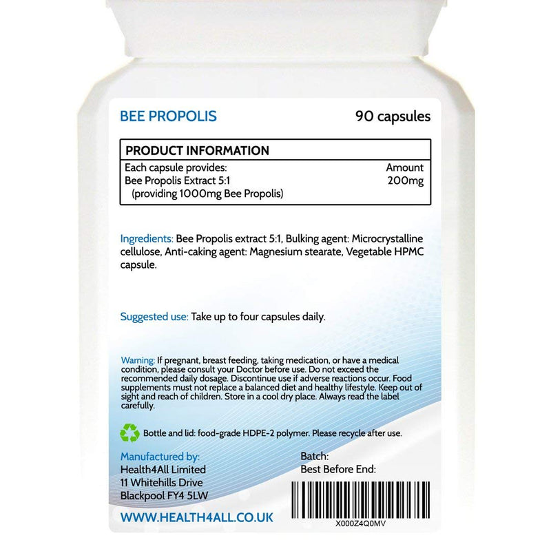 [Australia] - Bee Propolis High Strength 1000mg 90 Capsules (V) . Immune Support Natural Supplement Rich in Functional antioxidants. Made in The UK by Health4All 90 Count (Pack of 1) 