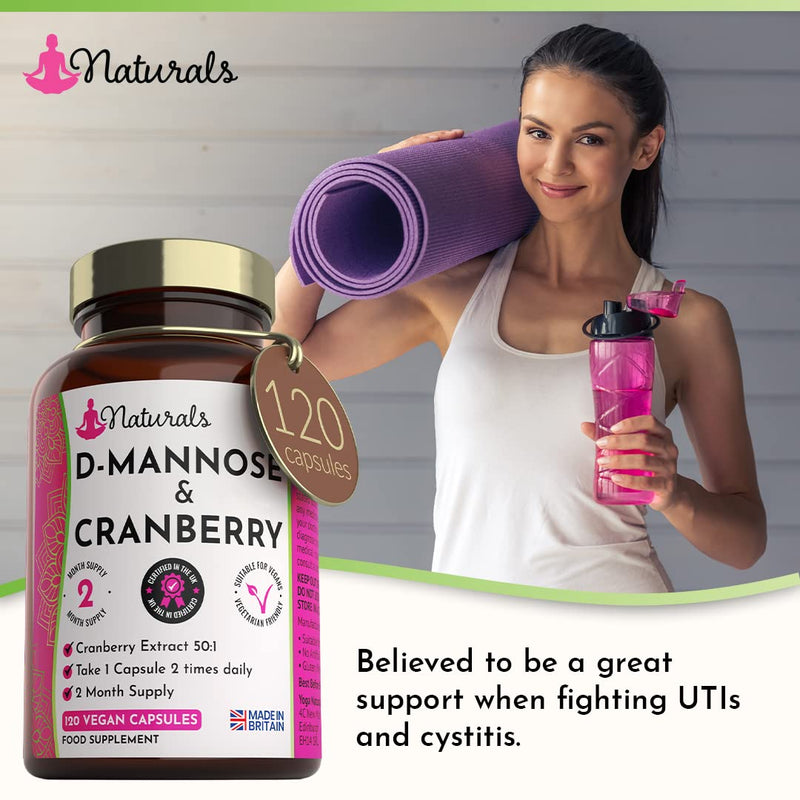 [Australia] - 120 D-Mannose and Cranberry Capsules - (2 Months Supply) 1000mg D Mannose & Cranberry Extract Per Serving - UK Made Vegan Supplement (Not Tablets) - High Strength Natural UTI Support for Women & Men 120 Count (Pack of 1) 