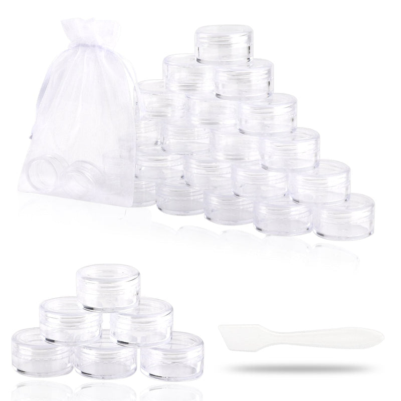 [Australia] - SumDirect 100Pcs 5Gram Clear Empty Cosmetic Containers Jars Sample Pots Bottles, Travel Pots for Cream, Lotion , Lip Balm with Mini Spatula and 10Pcs White Sheer Organza Bags 