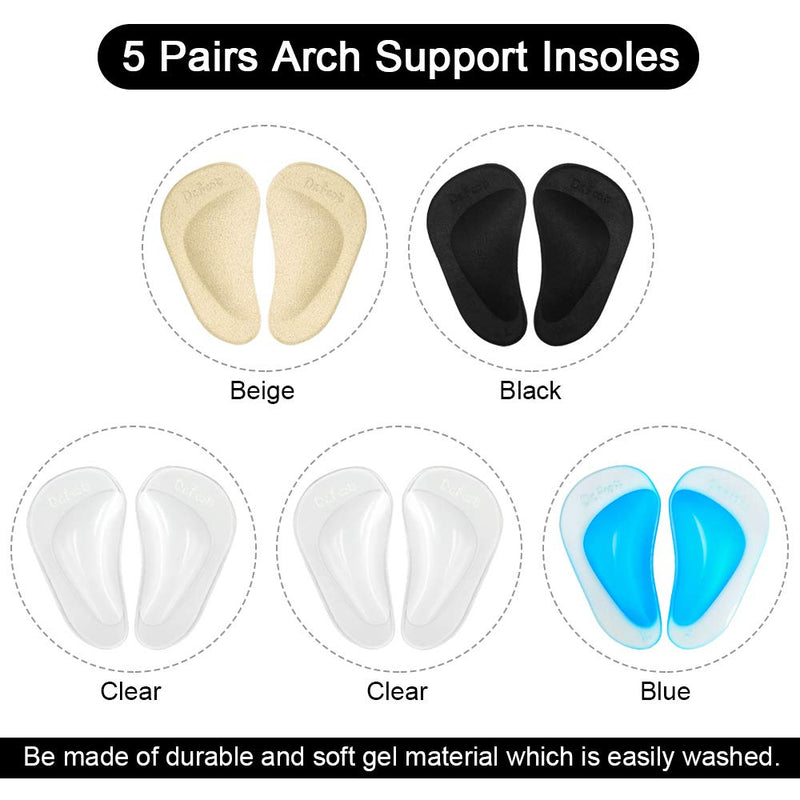 [Australia] - Dr. Foot Plantar Fasciitis Arch Support Shoe Insoles 5 Pairs, Thicken Gel Arch Pads for Flat Feet - Self-Adhesive Arch Cushions Inserts for Men and Women (Clear*2+Black+Beige+Blue) Clear*2+black+beige+blue 