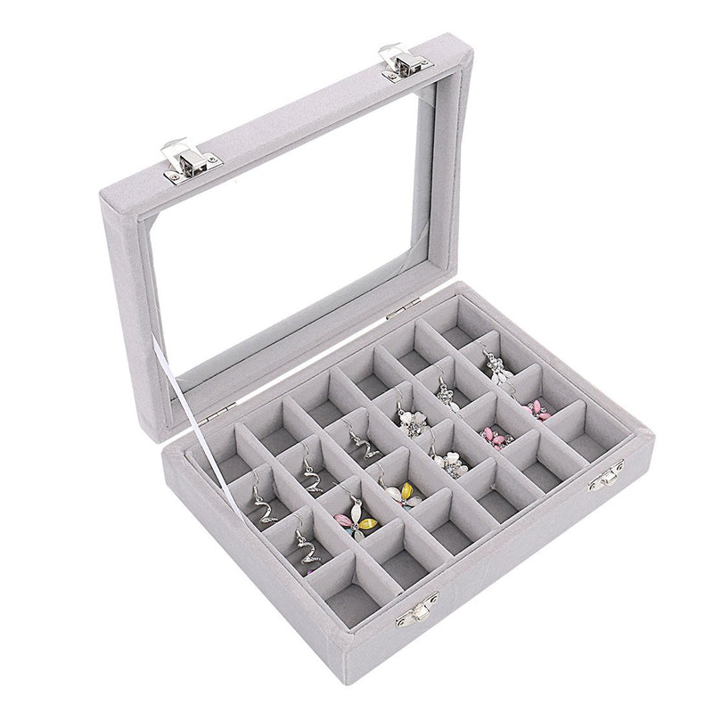 [Australia] - MeJell 24 Slot Velvet Glass Jewelry Box Organizer Rings Earrings Tray Display Storage Case Grey 