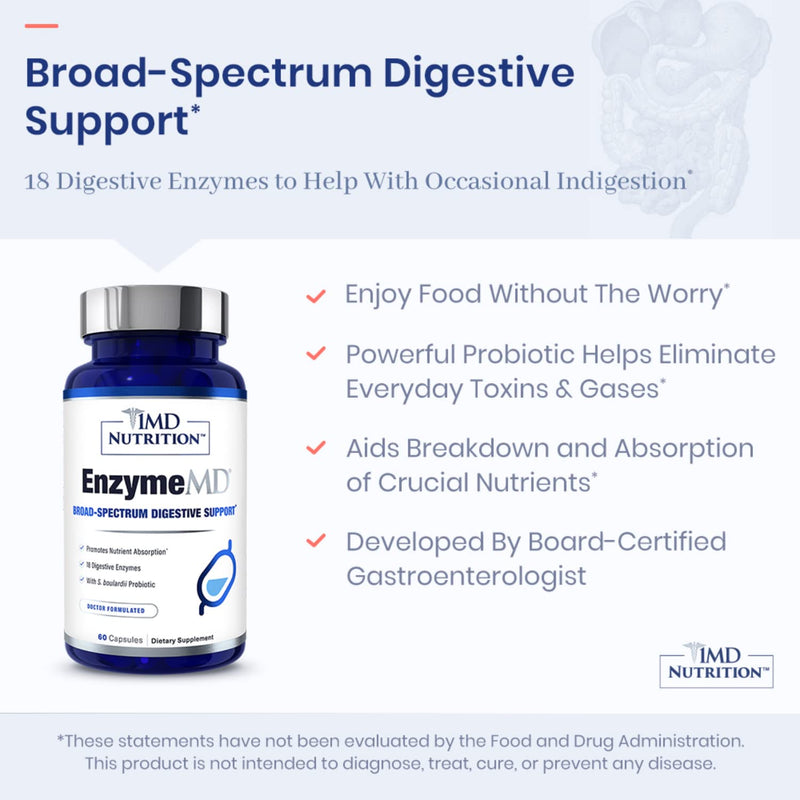 [Australia] - 1MD Nutrition EnzymeMD - Digestive Enzymes Supplement - Doctor Formulated | 18 Plant-Based Enzymes - Gas & Bloating Support | 60 Capsules 60 Count (Pack of 1) 