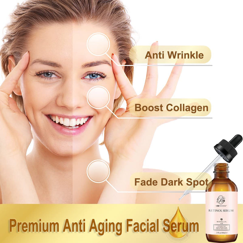 [Australia] - ROSVANEE Retinol Serum for Face 60ml - High Strength with 2.5% Retinol, Hyaluronic Acid, Vitamin C & E, Anti Aging Facial Serum for Skin Repair, Acne, Scar, Dark Spot, Fine Line and Wrinkles 