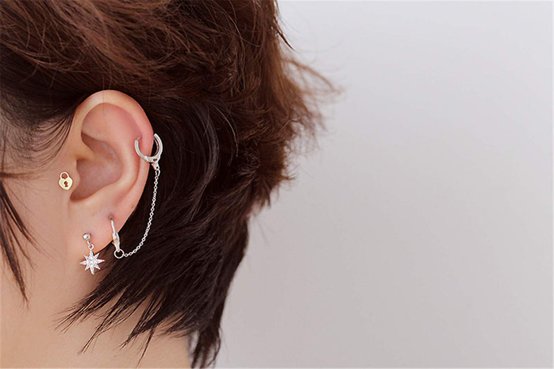 [Australia] - Minimalist Double Hoop Earrings for Women Girls Men Sterling Silver Pair Small Hoops Dangle Chain Drop Dangle Cartilage Second Hole Fashion Personalized Punk Jewelry One Piece 