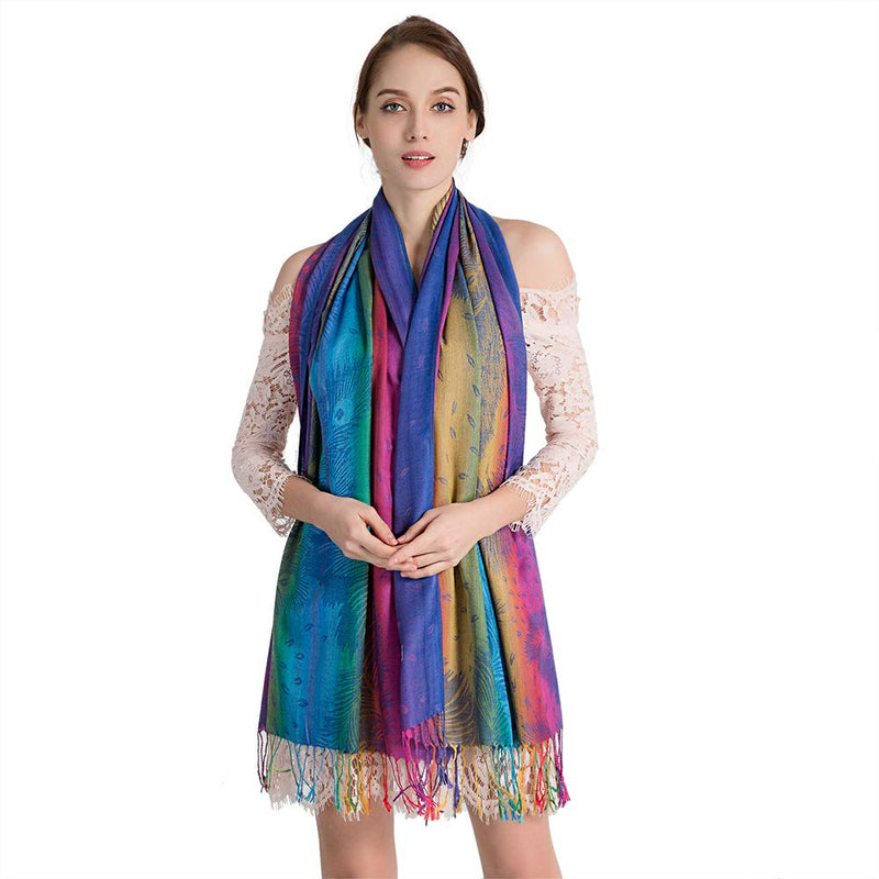 [Australia] - Colorful flowers Jacquard cotton pashmina Women Wrap Shawl tassels Scarves Thm02-03 