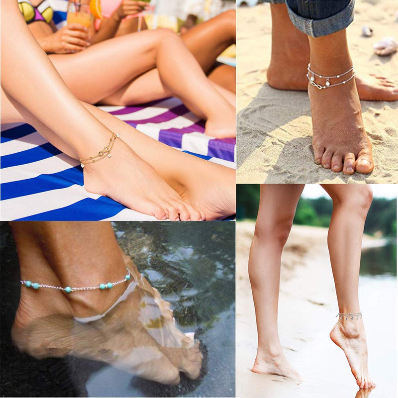 [Australia] - Dremcoue Adjustable Beach Anklets Toe Rings for Women Girls Band Open Toe Ring Anklet Bracelets Chains Beach Foot Jewelry Set 15-22 pcs 10anklet and 12 toe rings 