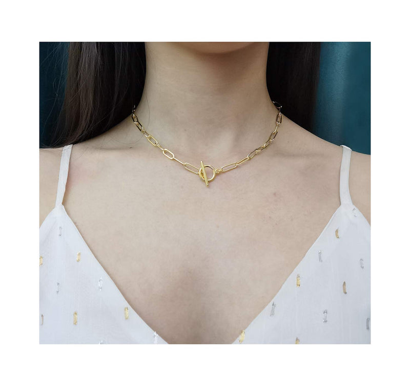 [Australia] - 14K Gold Plated Dainty Paperclip Link Chain Necklace for Women Girls Long Chain Statement Choker 16.0 Inches OT Button 