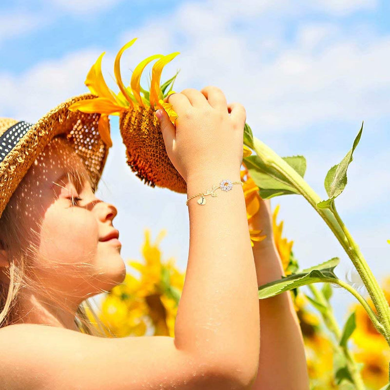 [Australia] - Anoup Initial Sunflower Bracelets for Girls Women, 14k Gold Plated Sunflower Bracelets Initial Bee Sunflower Charm Bracelets Sunflower Jewelry Sunflower Gifts for Girls Women Gold White Gold 1.Gold Bee 