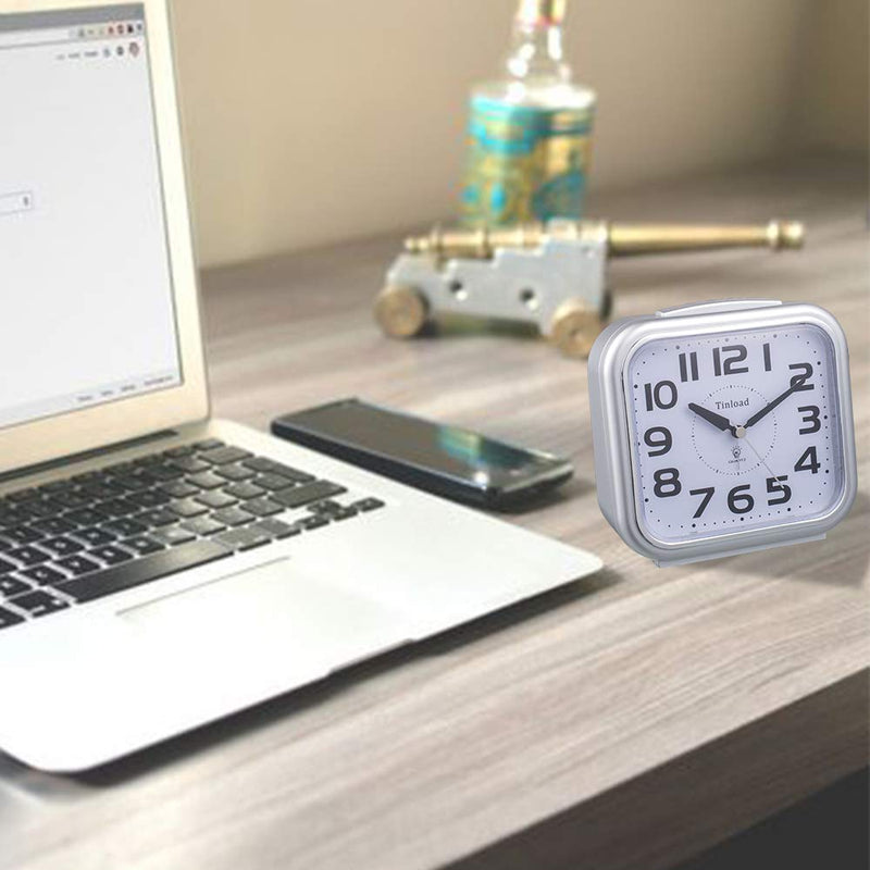 [Australia] - 5.5" Silent Analog Alarm Clock Non Ticking, Gentle Wake, Beep Sounds, Increasing Volume, Battery Operated Snooze and Light Functions, Easy Set, Silver 