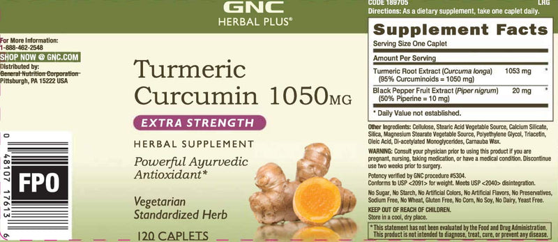 [Australia] - GNC Herbal Plus Turmeric Curcumin 1000mg Extra Strength, 120 Caplets, Provides Antioxidant Support 