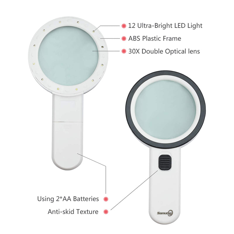 [Australia] - Sanung Handheld Portable 30X Magnifier with 12 pcs White LED Lights Aided Identification Observation for Diamond Jewelry Stamps Works of Art Gift Packaging 