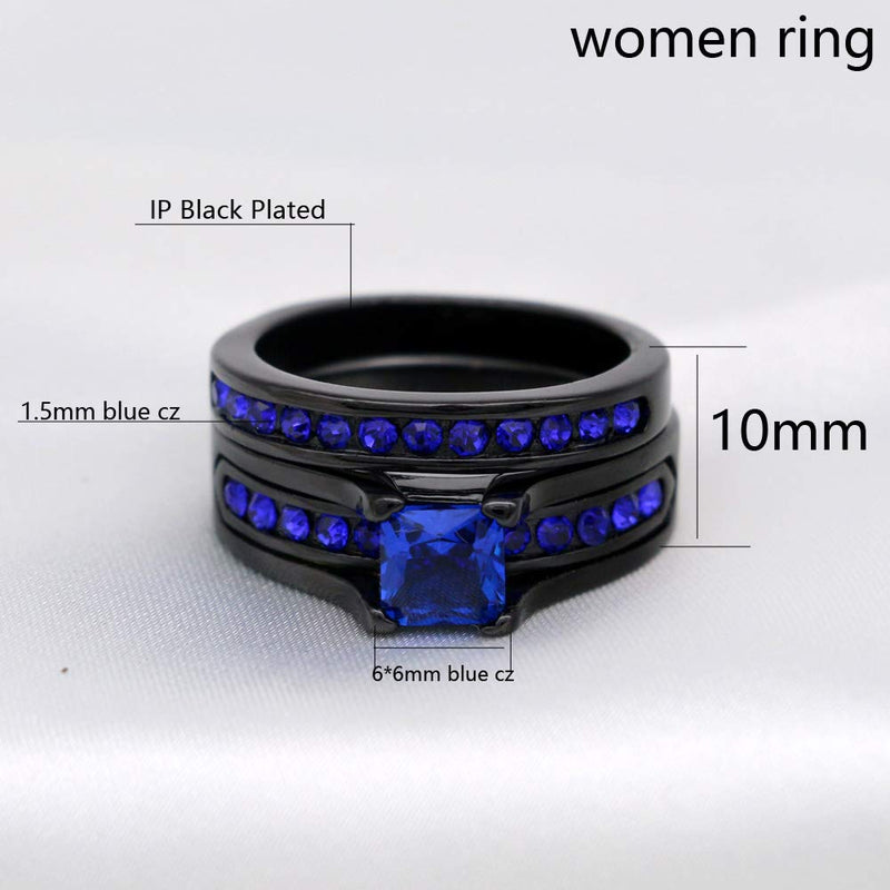 [Australia] - Ringcrown Couple Rings Black Plated Princess Cut Blue Cz Womens Wedding Ring Sets Titanium Steel Man Wedding Bands（Please Buy 2 Rings for 1 Pair） women(1pc) 6 