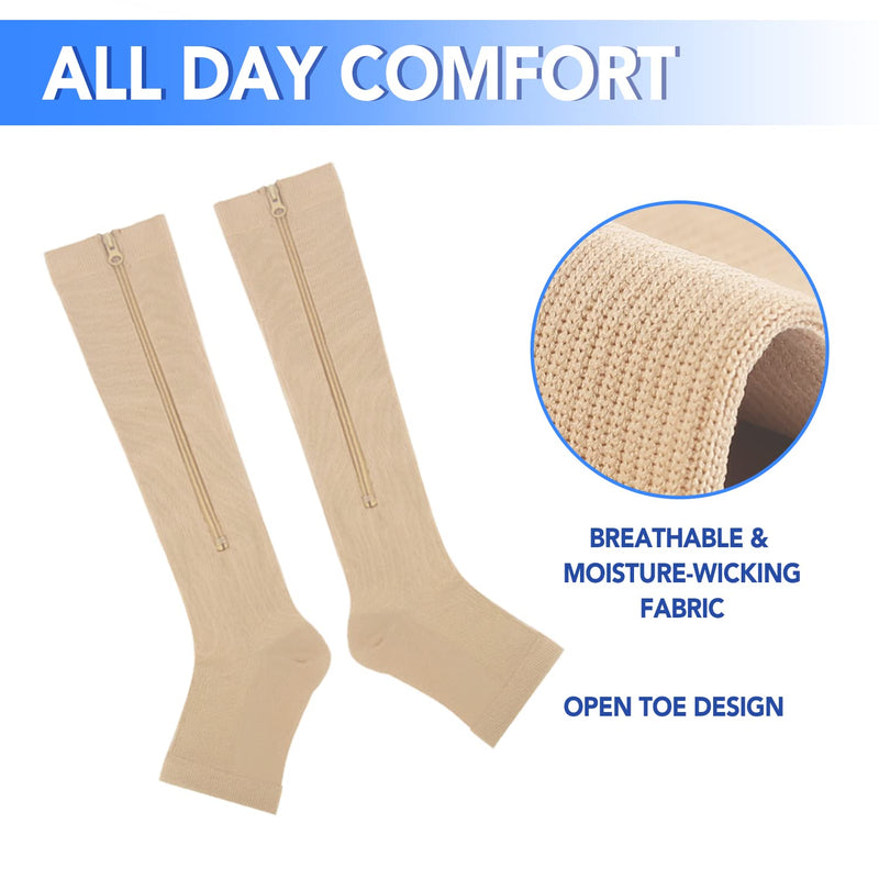 [Australia] - 3 Pairs Zippre Compression Socks - Calf Knee High Open Toe Compression Stockings 15-20mmHg for Walking,Running 01 Nude Large-X-Large 