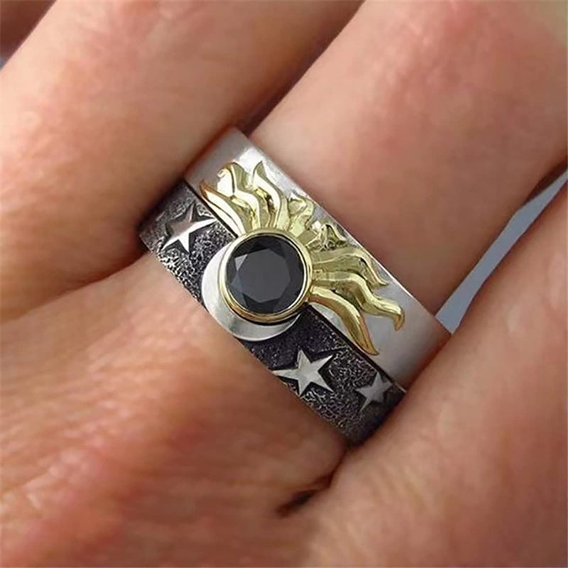 [Australia] - INENIMARTJ 2Pcs Vintage Moon Star Sun Statement Ring for Women Men Sun Moon Matching Couple Rings Set Engagement Rings Boho Promise Rings Punk Crystal Ring 6 