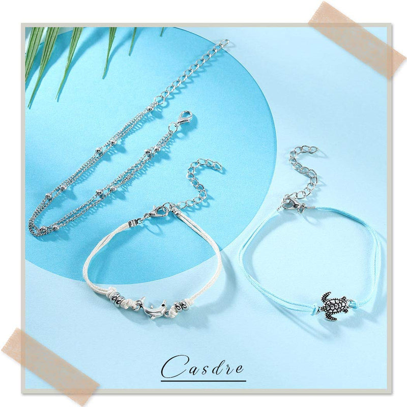 [Australia] - Casdre Retro Layered Ankle Bracelet Silver Dolphin Tortoise Foot Chain Beaded Adjustable Foot Jewelry for Women and Girls 