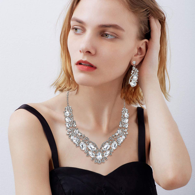 [Australia] - Flyonce Bridal Jewelry Set for Wedding Rhinestone Crystal Costume Statement Necklace Earrings Set for Women Clear Silver-Tone 