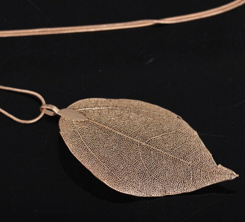 [Australia] - COLORFUL BLING Long Leaves Pendant Necklace Handmade Boho Leaf Sweater Chain Rose gold 