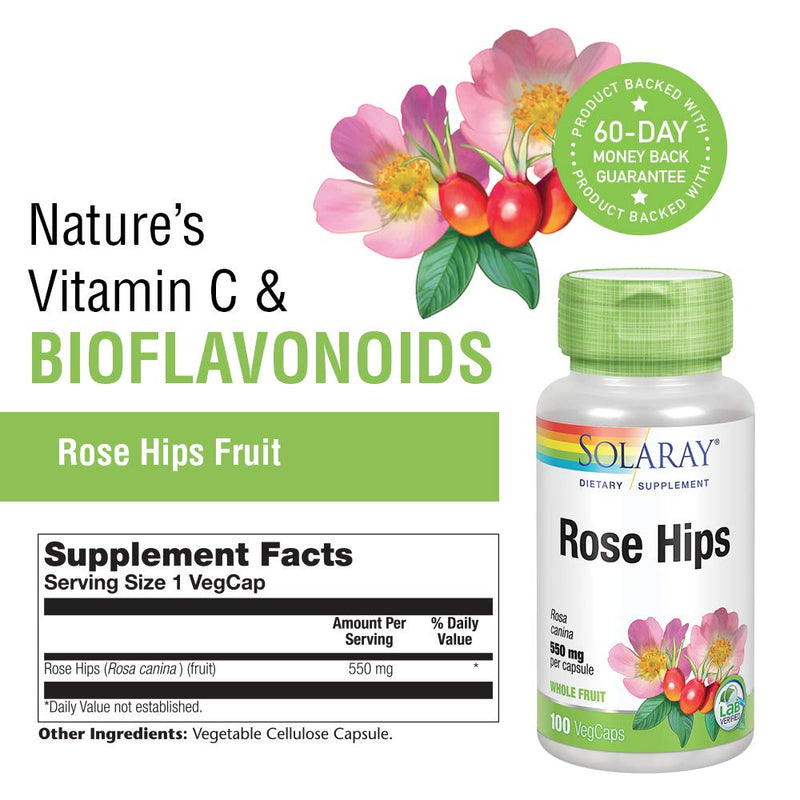 [Australia] - Solaray Rose Hips Fruit 550mg | Healthy Skin, Joints & Immune Function Support | Source of Vitamin C & Bioflavonoids | Non-GMO & Vegan | 100 VegCaps 