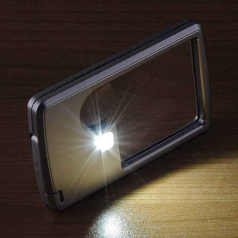 [Australia] - 6X 3X Credit Card Shape Magnifying Glass Lightweight LED Reading Illuminated Pocket Magnifier Handheld Jewelry Loupe with Leather Case (Silver) 