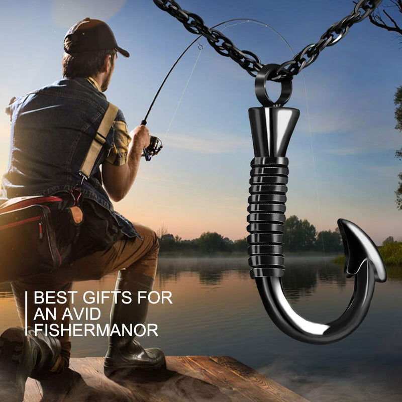 [Australia] - abooxiu Fishing Hook Urn Necklace for Ashes Fish Hook Stainless Steel Cremation Jewelry Memorial Pendant Keepsake for Men Gone Fishing Black 