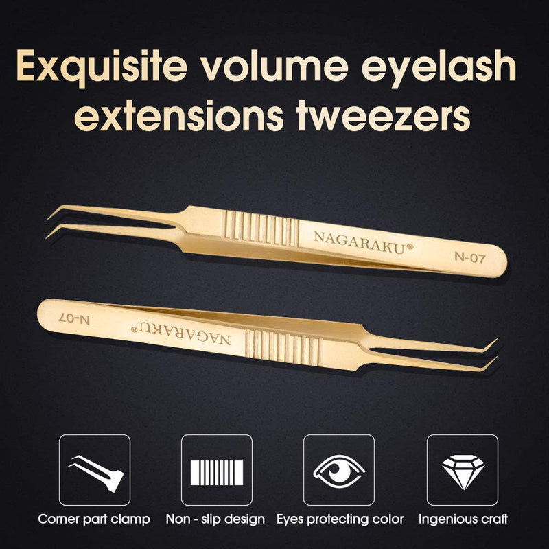 [Australia] - NAGARAKU Tweezers for Eyelash Extensions Gold Curved Angled Volume Cluster Super Light Weight Easy Fanning Tweezers Stainless Steel Precision (N-07) N-07 volume tweezer 