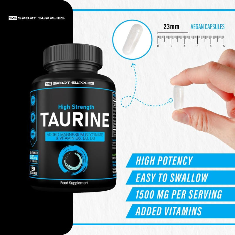 [Australia] - Taurine Supplement 1500mg Capsules Per Serving - Added Magnesium Glycinate, Vitamin B6, B3 and Vitamin D3-120 High Strength Taurine Capsules - (2 Capsules Per Serving) 