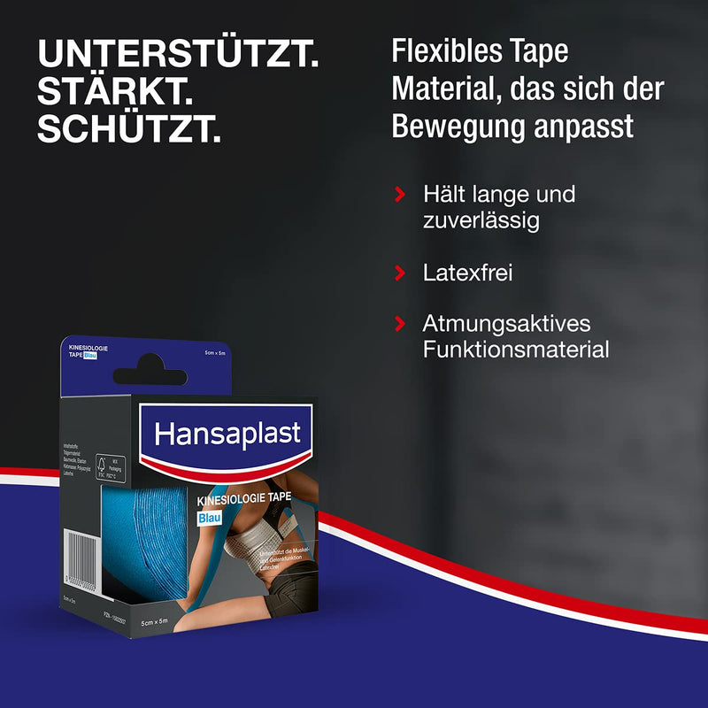 [Australia] - Hansaplast Kinesiology Tape, Waterproof Sports Tape Relieves Muscle Pain and Promotes Circulation, Tape Provides Support for Joints and Muscles, 1 Roll, Blue 