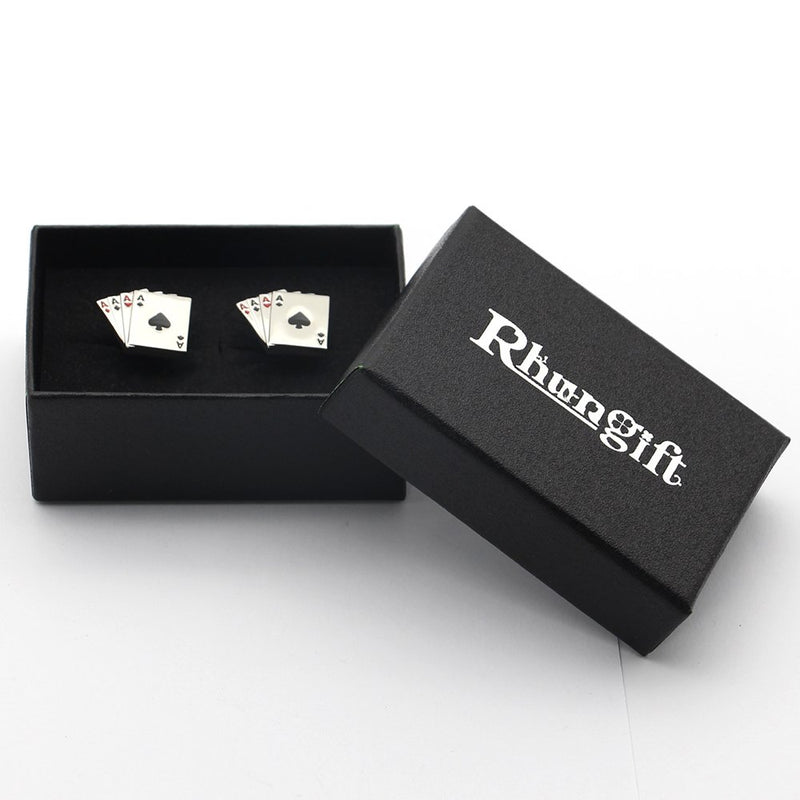 [Australia] - rhungift Cufflinks for Men- Brass Wedding Business Mens Gifts Playing Cards 4A Poker Shirts Silver -for Vegas Casino Night Event 